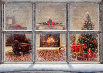 Naklejki  Świąteczna scena przez okno Renderowanie 3D