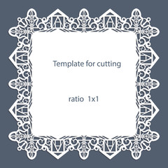Greeting card with openwork border, paper doily under the cake, template for cutting, wedding invitation, decorative plate is laser cut, vector illustrations.
