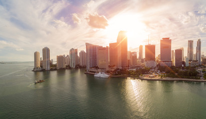 Aerial view of downtown Miami at sunset. All logos and advertising removed.