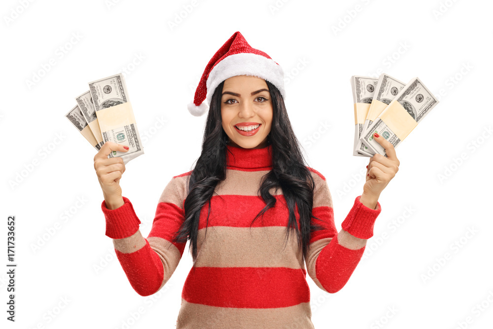 Sticker Young woman with a Christmas hat with money bundles