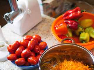 Lecho from tomatoes, peppers and carrots