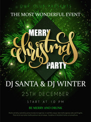 Vector illustration of christmas party poster with hand lettering label - christmas - with fir-tree branches - 171736409