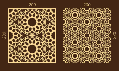 Laser cutting set. Woodcut vector panel. Plywood lasercut eastern design. Hexagonal seamless pattern for printing, engraving, paper cutting. Stencil ornament.