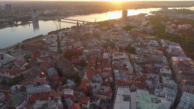 Aerial drone shot of Riga Old town during sunset