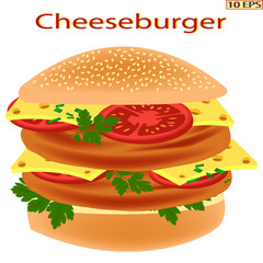 Burger. Cheeseburger. Sandwich. Hamburger. Cutlet in the bun. Fried steak. Meat rissoles. Burger with cheese, tomato and beef steak. Burger with meat rissole. Vector illustration.