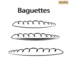 Baguette. Wheat white baguette. French baguettes. Bakery, bakery products, pastries. Vector illustration, isolated on white background.