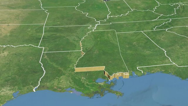 Mississippi state (USA) extruded on the satellite map of North America