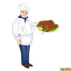 Meat products and chef. Kebab. Meat on skewers, roasted on the coals. Steak roasting on an open fire. Vector icons. The menu design. Vector for presentation or advertising restaurants café, meat shops