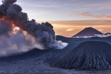 Beautiful sunrise and volcanic eruption of Mt Bromo, Indonesia