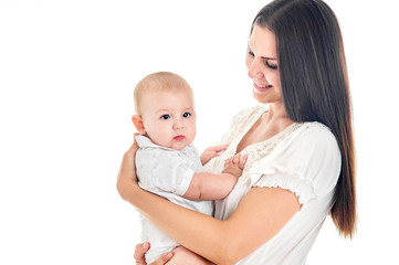 Pretty mother playing with her baby isolated on white background