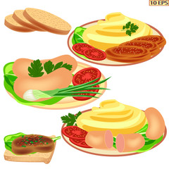 Meat products and potato. Sausage and potato. Steak with mashed potatoes. Cutlets. Meat chop and bread. Burger. Beef steak. Fried meat cutlets. Vector illustration.