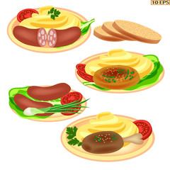 Meat products and potato. Sausage and potato. Steak with mashed potatoes. Cutlets. Meat chop and bread. Burger. Beef steak. Fried meat cutlets. Vector illustration.