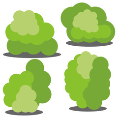 Set of four different cartoon green bushes isolated on white background. Vector illustration
