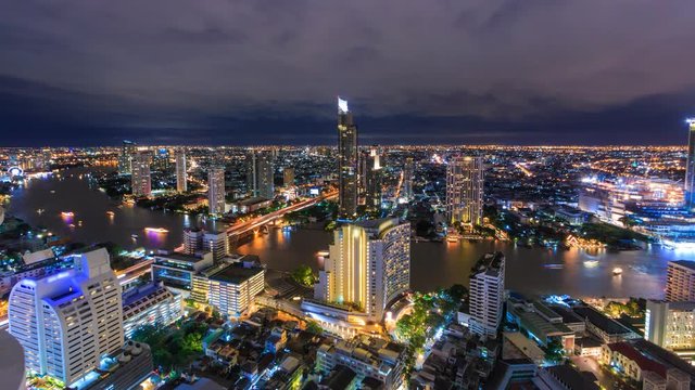 Aerial Bangkok Night Cityscape Riverside Chao Phraya River Of Thailand 4K Time Lapse
