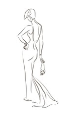 Lady in long evening dress, isolated on white background, digital hand drawing illustration
