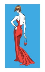 Lady in long evening dress, isolated on white background, digital hand drawing illustration