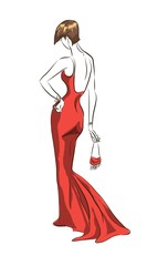 Lady in long evening dress, isolated on white background, digital hand drawing illustration