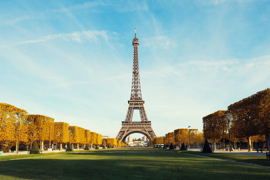 View on Paris and Eiffel tower with Blue sky with clouds in autumn at Paris, France..