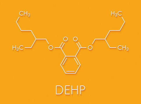 DEHP (Bis(2-ethylhexyl) phthalate, diethylhexyl phthalate, dioctyl phthalate, DOP) plasticizer molecule. Skeletal formula.