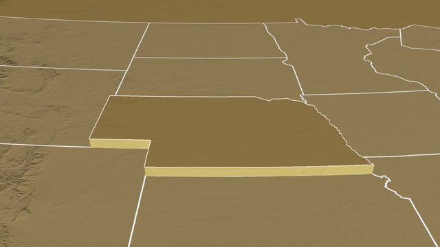 Nebraska state (USA) extruded on the elevation map of North America
