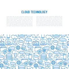 Fototapeta na wymiar Cloud computing technology concept with thin line icons related to hosting, server storage, cloud management, data security, mobile and desktop memory. Vector illustration.