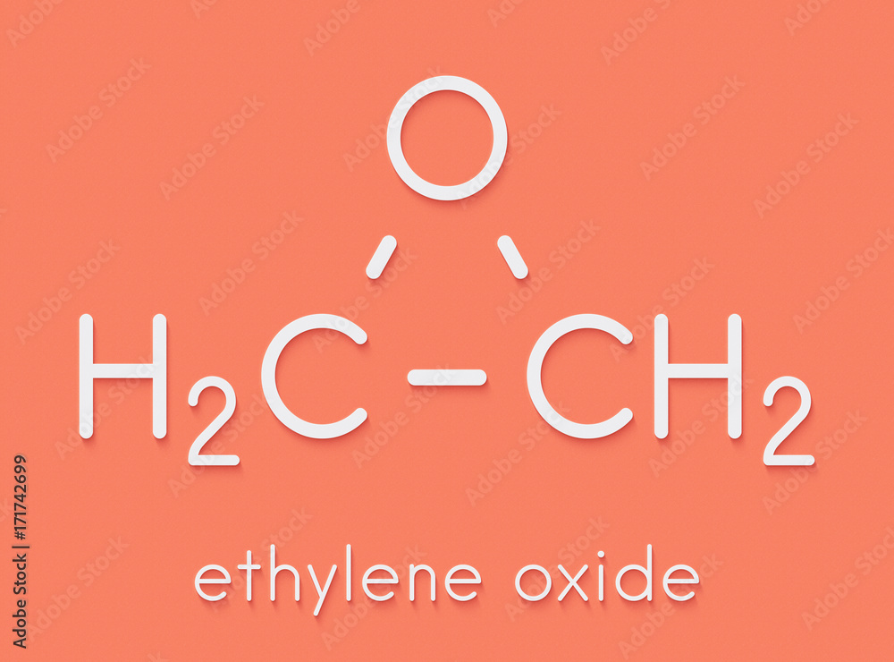 Wall mural Ethylene oxide (oxirane) molecule. Uses include sterilization of medical devices and as a precursor of polymers. Skeletal formula.