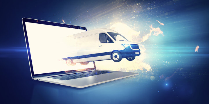 White cargo van jumping out of a notebook screen for express delivery after online shopping 