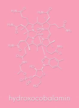 Hydroxocobalamin vitamin B12 molecule. Often given therapeutically in case of B12 deficiency. Skeletal formula.