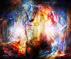 The proclamation of Jesus´birth, archangel Gabriel speaks to virgin Mary, graphic collage from engraving of Nazareene School, published in The Holy Bible, St.Vojtech Publishing, Trnava, Slovakia