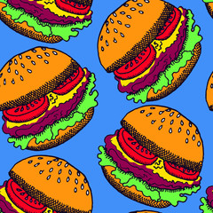 Burger, hand drawn doodle, sketch in pop art style, seamless pattern design on blue background