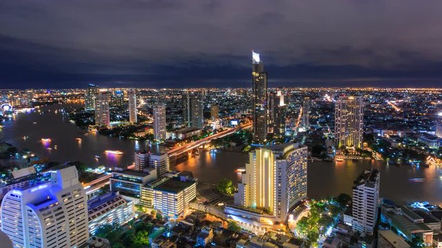Aerial Bangkok Night Cityscape Riverside Chao Phraya River Of Thailand 4K Time Lapse
