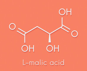 Malic acid fruit acid molecule. Present in apples, grapes, rhubarb, etc and contributes to the sour taste of these. Skeletal formula.