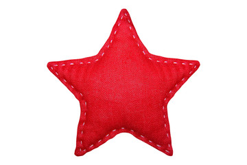 Decoration textile Red Star for Christmas tree toy isolated on white background.