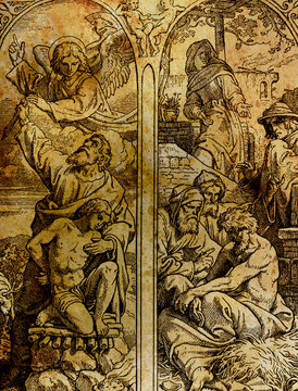The Angel Stopping Abraham from Sacrificing Isaac to God and other biblical stories, graphic collage from engraving of Nazareene School, published in The Holy Bible, St.Vojtech Publishing, Trnava