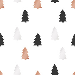 Obraz premium White Christmas and New Year's wrapping paper with Christmas trees of gold and bronze foil. Seamless vector pattern.