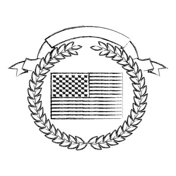 united states flag inside of circle of olive branches with ribbon on top in monochrome blurred silhouette vector illustration