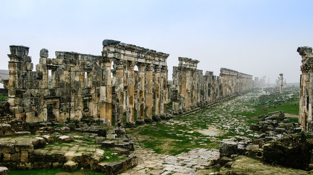 Great Colonnade at Apamea in fog, partially destroyed, Syria