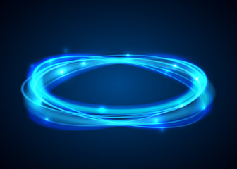Vector magic blue circle. Glowing fire ring trace on black background. Ellipse line with flying sparkling flash lights.