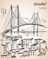Istanbul Bosphorus Bridge sketch. Turkey.
