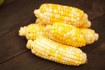 Corn corn on wooden texture. Space for text. Harvest.