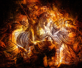 Naklejka premium heliodor fighting on a horse, graphic collage from engraving of Nazareene School, published in The Holy Bible, St.Vojtech Publishing, Trnava, Slovakia, 1937.