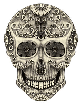 Art design sugar skull day of the dead. Hand pencil drawing on paper.