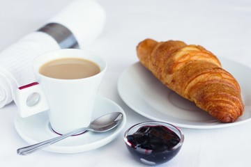  Coffee and croissant with butter and blueberry jam