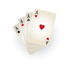 Set of hearts, spades, clubs and diamonds ace playing cards, flat cartoon vector illustration isolated on white background. Set of playing cards, ace of four suits - hearts, spades, clubs and diamonds