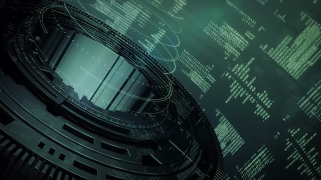 Sci Fi intro.HUD with digital data code.Futuristic cosmic opener. Good for headline news, TV show and techno advertisement. Tech background.Green type1