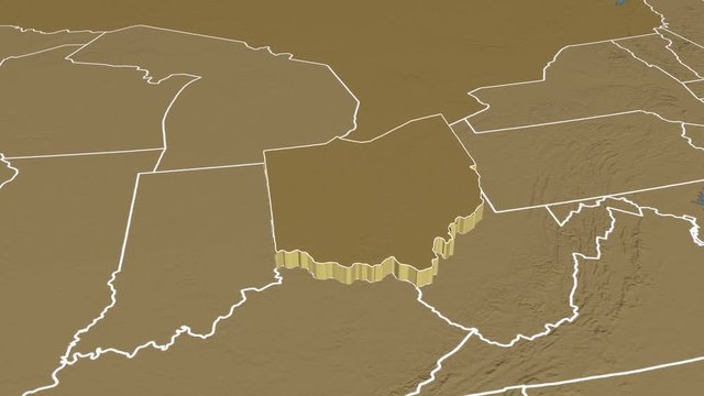 Ohio state (USA) extruded on the elevation map of North America