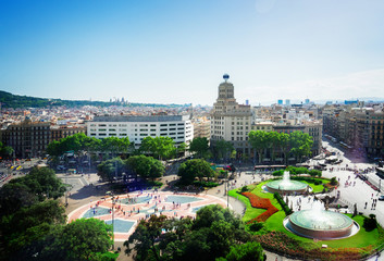 Plaza Catalunia famous square of Barcelona, Spain, toned