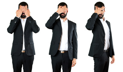 Set of Handsome businessman covering his face