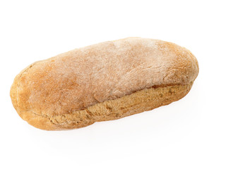 Long loaf of delicious homemade rye bread. Side view. Isolated on white