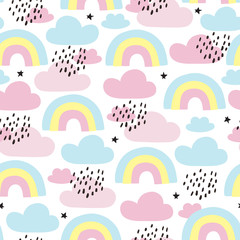 seamless rainbows and clouds pattern vector illustration